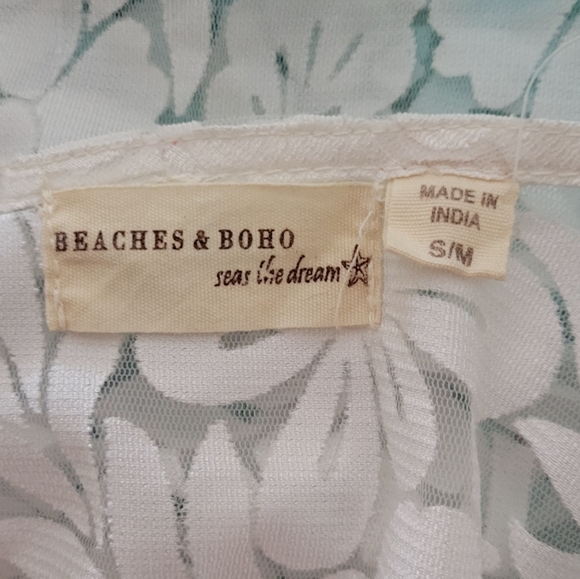 Beaches & Boho Coverup Cape Dress White Turquoise Green Lace Fringe Tie Swim S/M - Picture 7 of 7